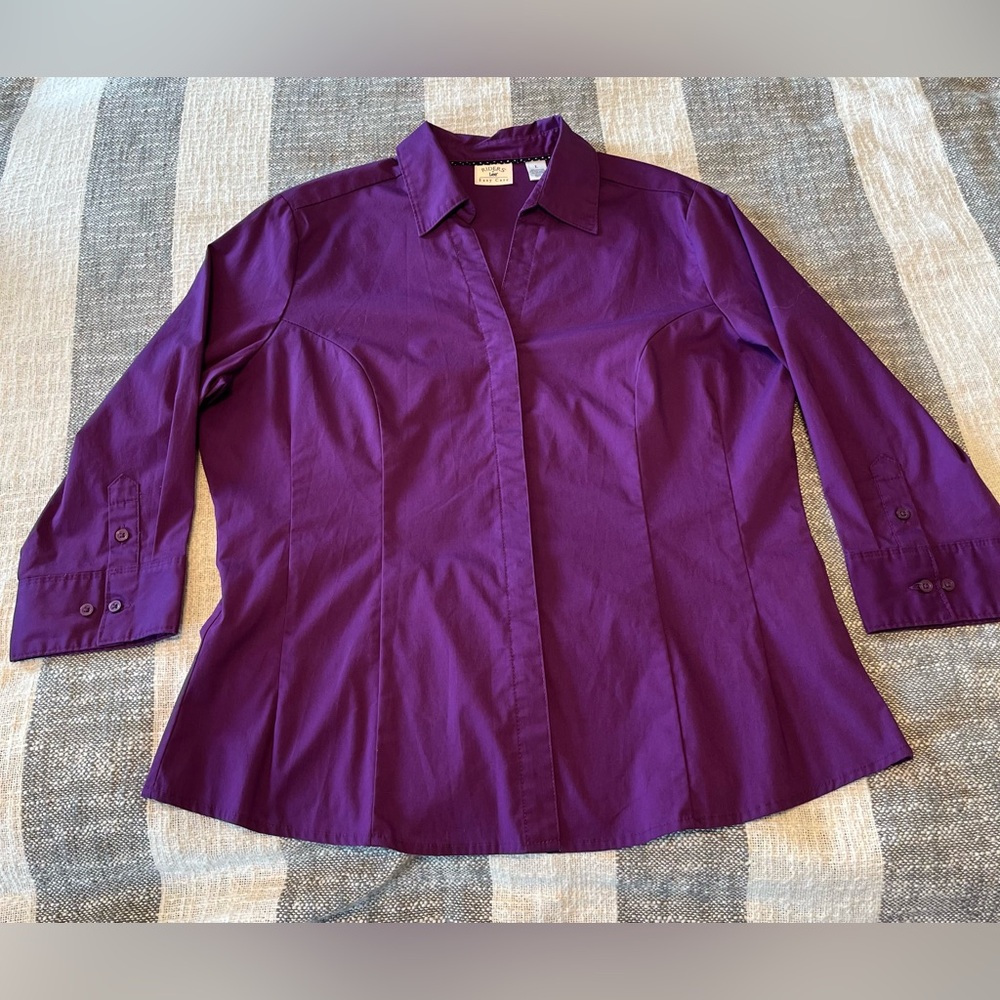 💜Riders by LEE SZ L Purple Collared Button Down Shirt 3/4 Sleeves Easy Care